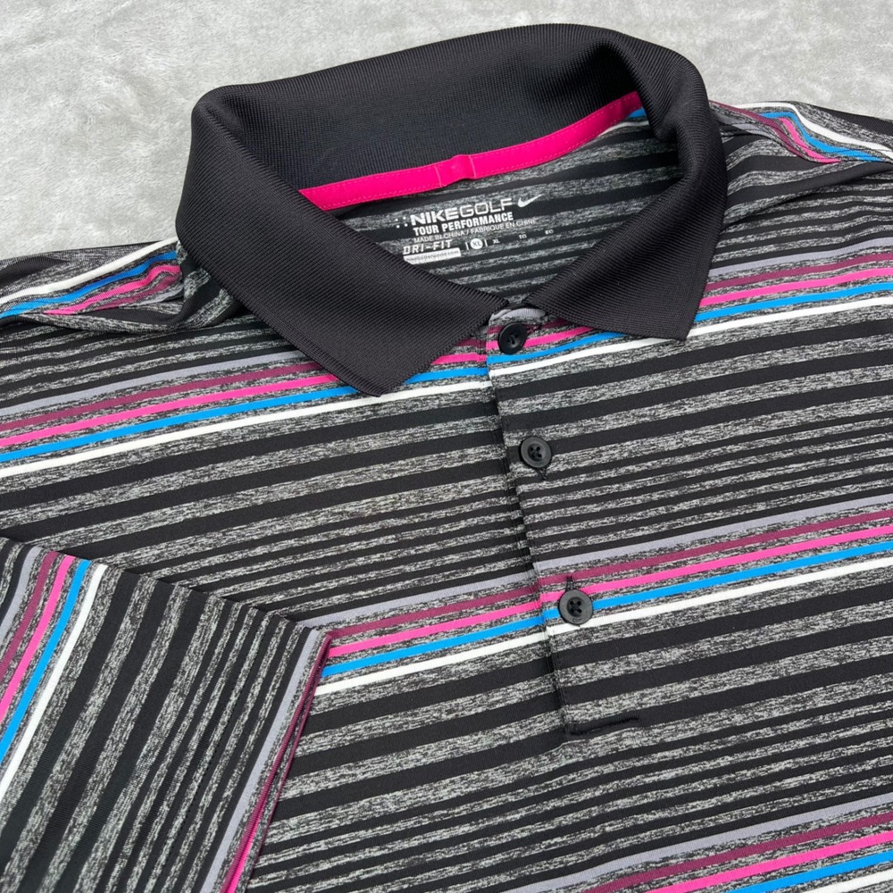 Nike Golf Polo Shirt Mens XL Black Grey Striped Dri-FIT Tour Performance Stretch